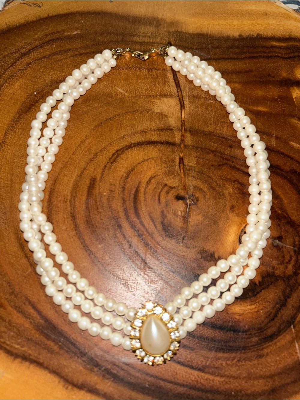 Classic Triple-Strand Faux Pearl Necklace with Teardrop Pendant